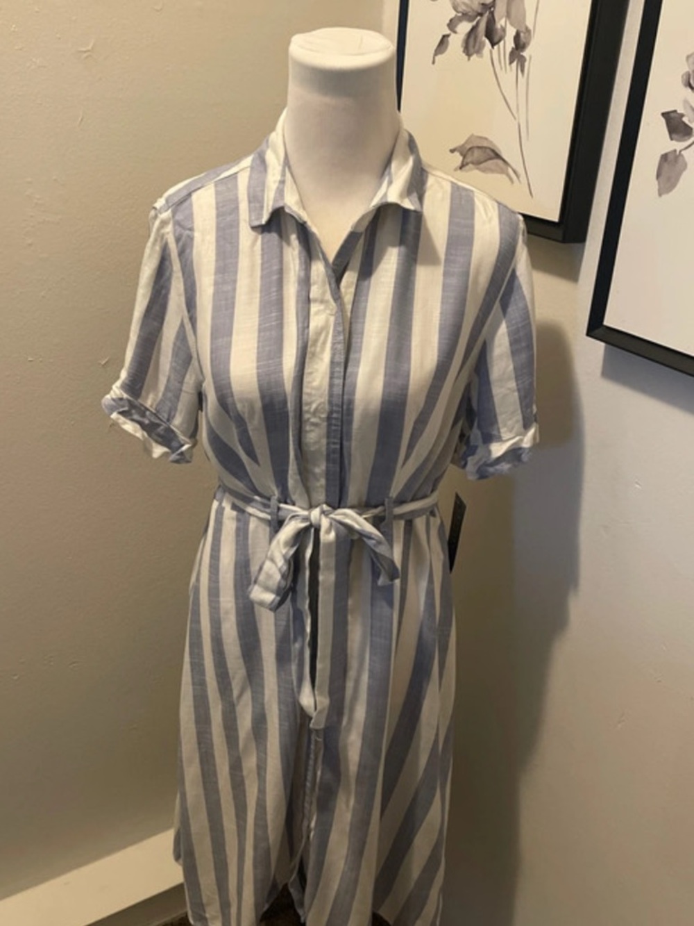 Sharagano Blue & White Striped Shirt Midi Dress with Tie Waist